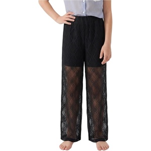 Noomelfish Girls Lace Sheer Mesh Pants Dance Elastic Waisted Wide Leg Long Trousers(5-12 Years)(Black)