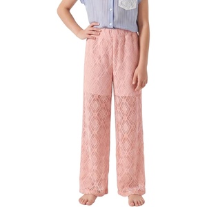 Noomelfish Girls Lace Sheer Mesh Pants Dance Elastic Waisted Wide Leg Long Trousers(5-12 Years)(Pink)