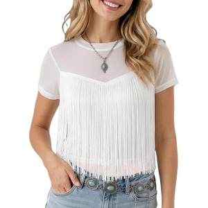 Noomelfish Womens Fringe Mesh Sheer Western Cowgirl Tops Short Sleeve Tassel Country Concert Outfits Boho Rodeo Shirt Blouse(White)