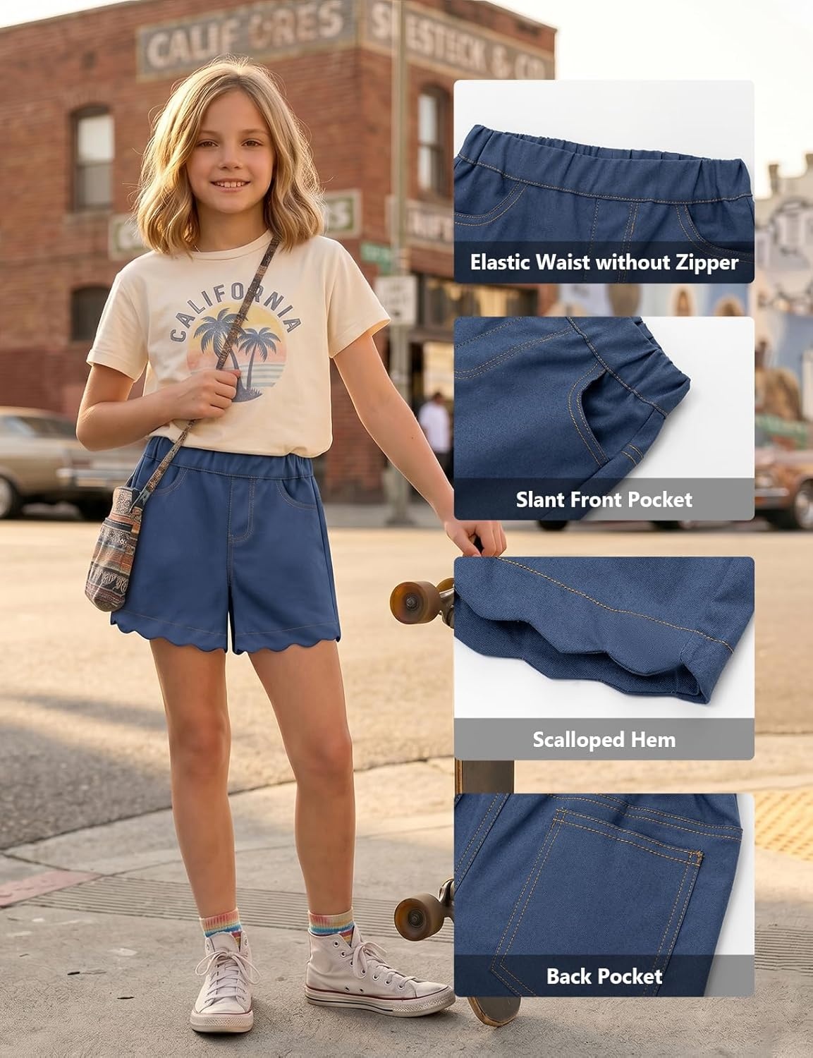 image:imageNoomelfish Girls Scalloped Denim Shorts Elastic Waist Cute Summer Jean Shorts with Pockets 512 YearsDark Blue