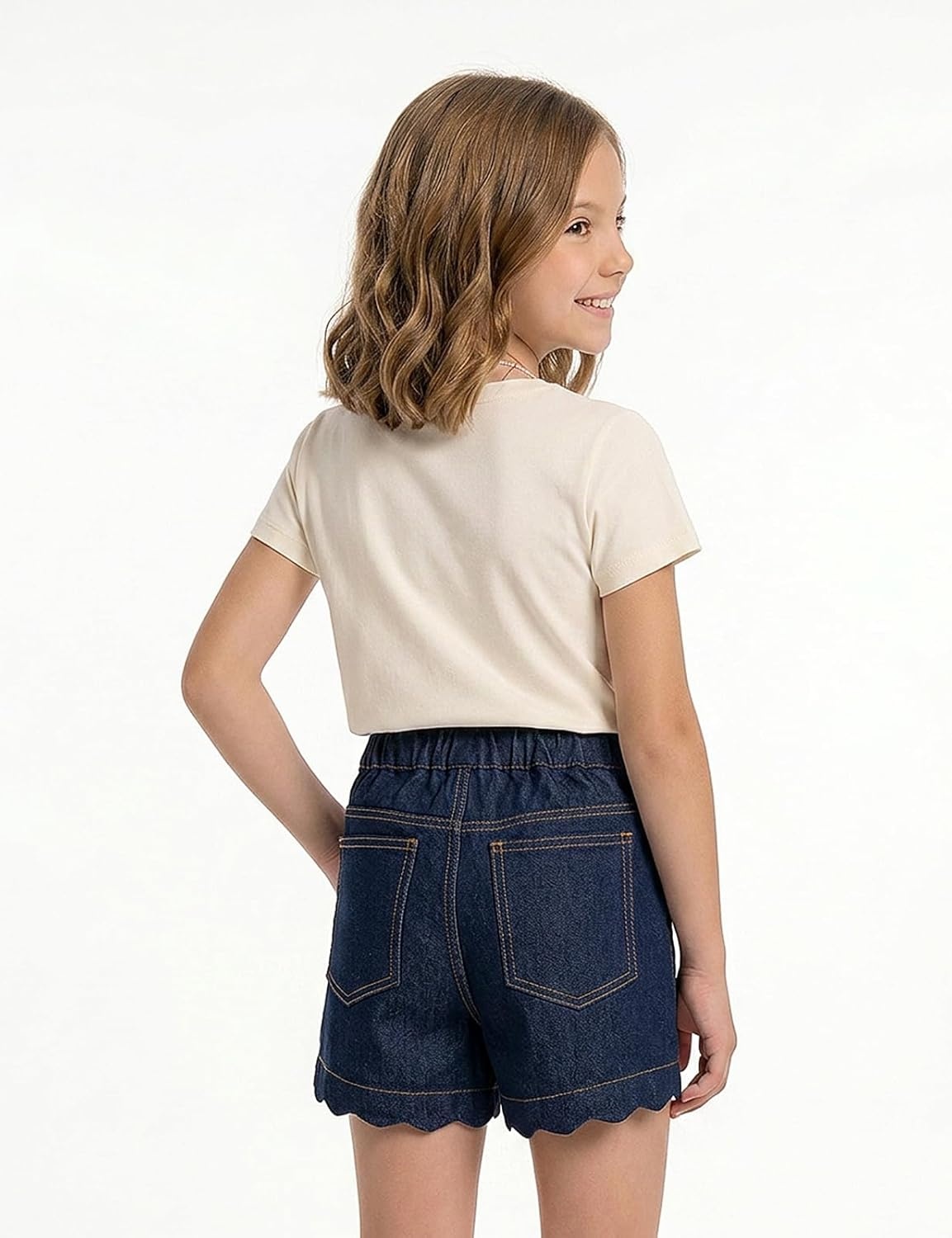 image:imageNoomelfish Girls Scalloped Denim Shorts Elastic Waist Cute Summer Jean Shorts with Pockets 512 YearsDark Blue