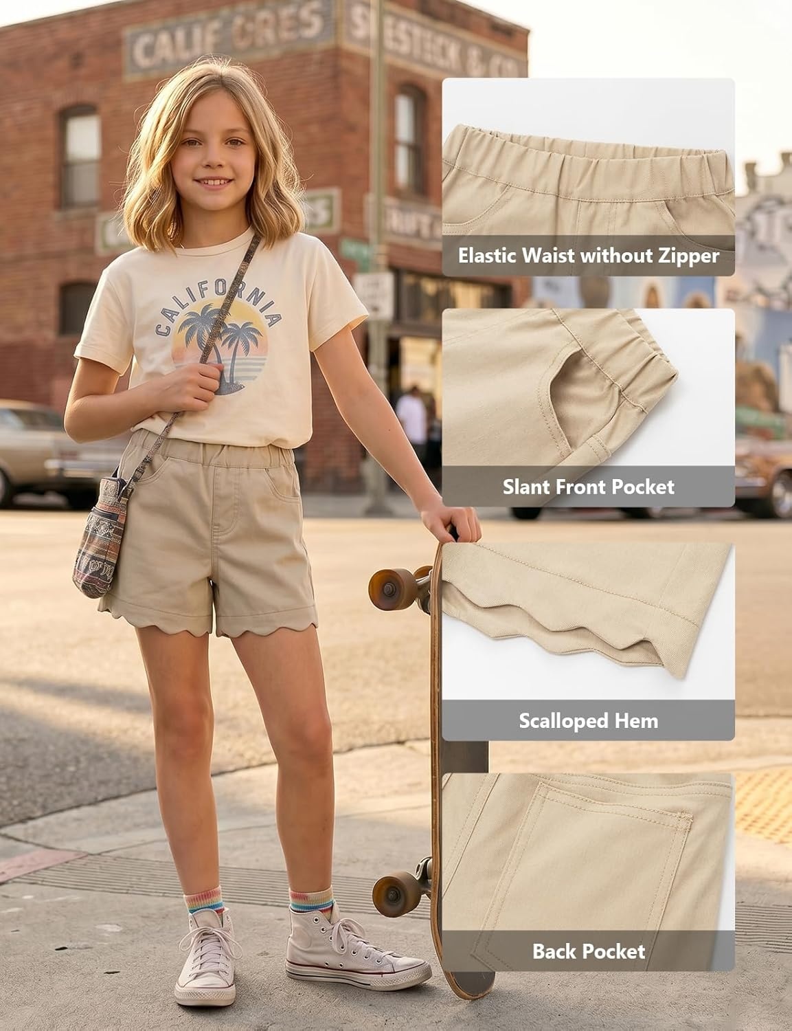 image:imageNoomelfish Girls Scalloped Denim Shorts Elastic Waist Cute Summer Jean Shorts with Pockets 512 YearsKhaki