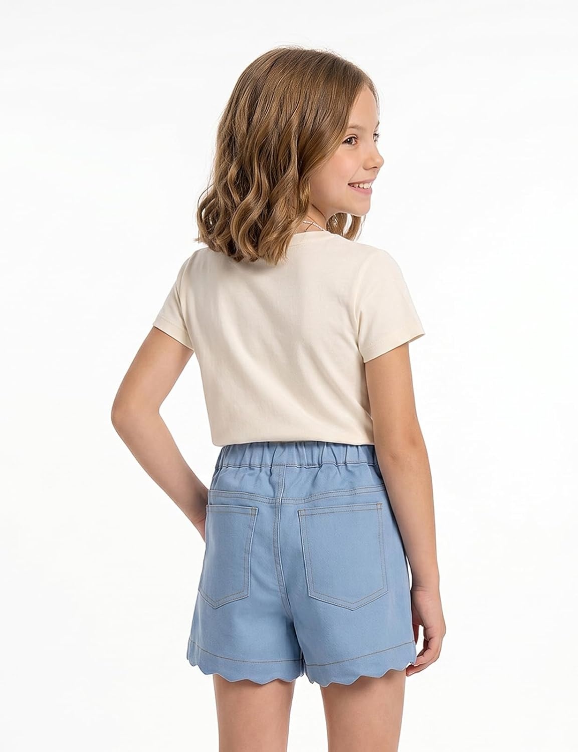 image:imageNoomelfish Girls Scalloped Denim Shorts Elastic Waist Cute Summer Jean Shorts with Pockets 512 YearsLight Blue