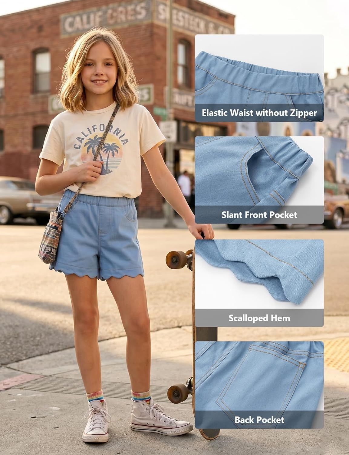 image:imageNoomelfish Girls Scalloped Denim Shorts Elastic Waist Cute Summer Jean Shorts with Pockets 512 YearsLight Blue
