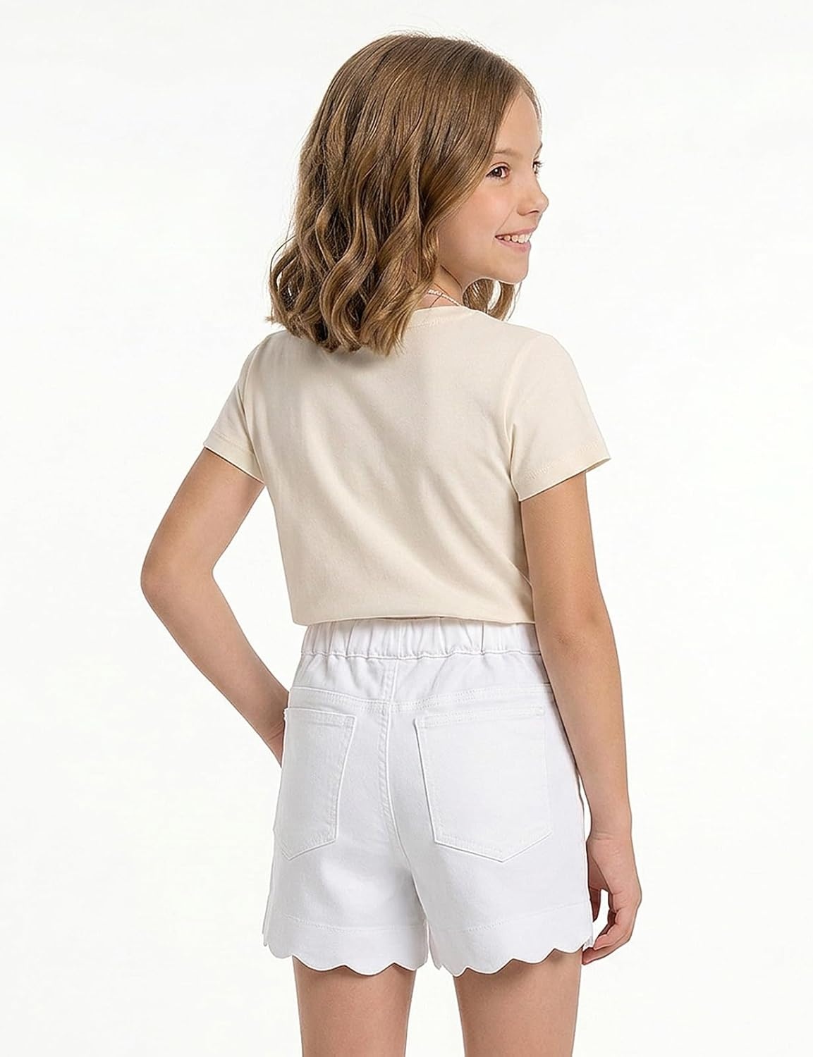 image:imageNoomelfish Girls Scalloped Denim Shorts Elastic Waist Cute Summer Jean Shorts with Pockets 512 YearsWhite