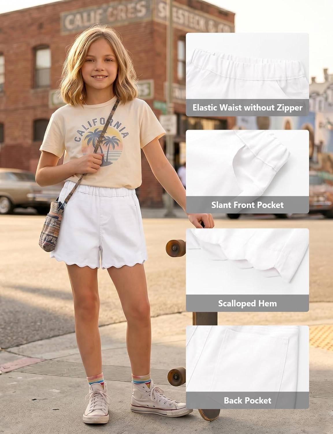 image:imageNoomelfish Girls Scalloped Denim Shorts Elastic Waist Cute Summer Jean Shorts with Pockets 512 YearsWhite