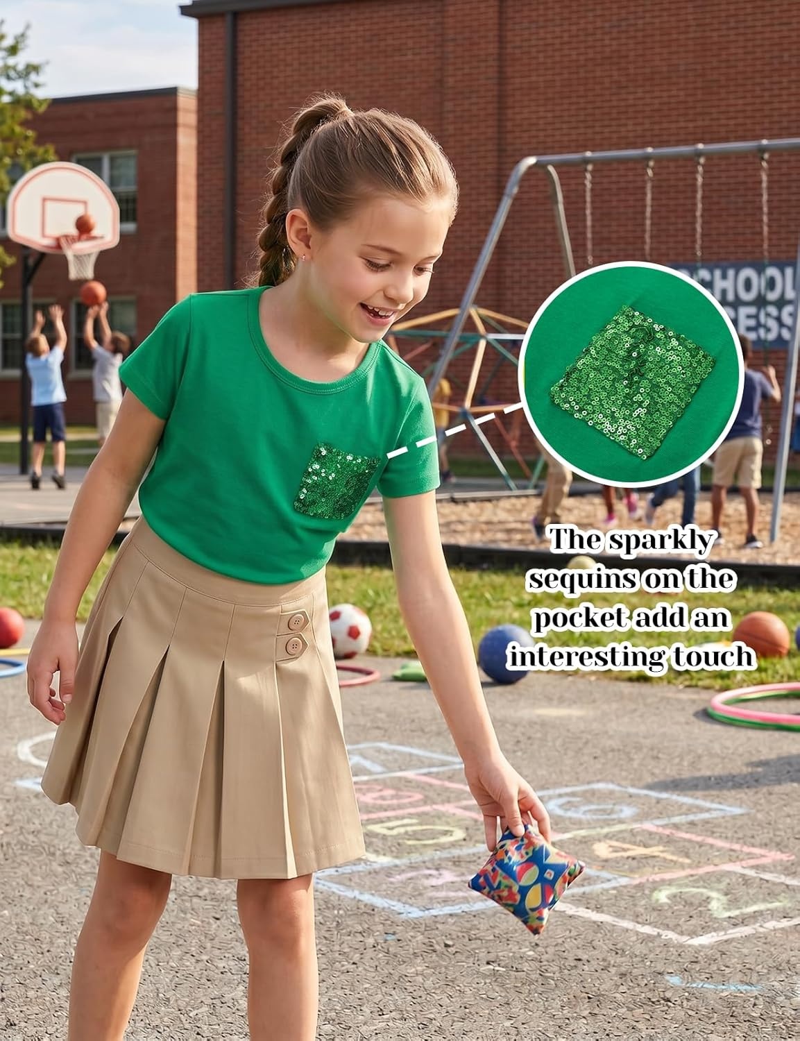 image:imageNoomelfish Girls Short Sleeve Sequin Pocket TShirts Casual Cotton Tee Tops Blouse 412 YearsGreen