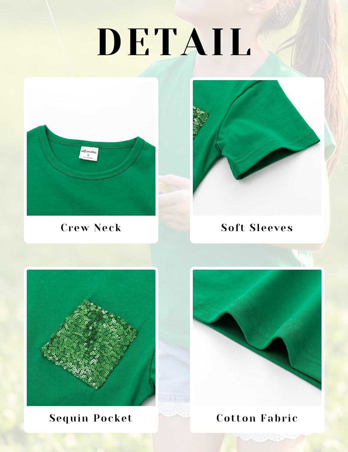 image:imageNoomelfish Girls Short Sleeve Sequin Pocket TShirts Casual Cotton Tee Tops Blouse 412 YearsGreen