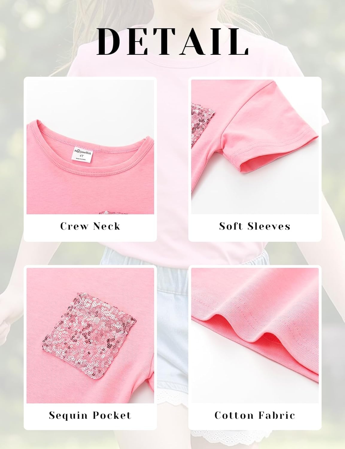 image:imageNoomelfish Girls Short Sleeve Sequin Pocket TShirts Casual Cotton Tee Tops Blouse 412 YearsPink
