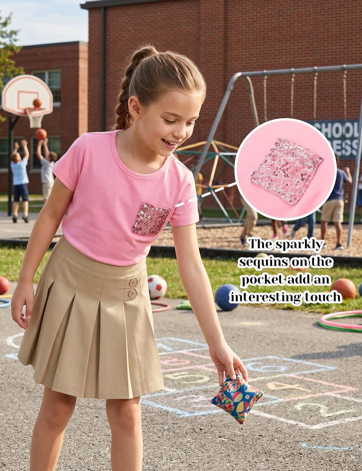 image:imageNoomelfish Girls Short Sleeve Sequin Pocket TShirts Casual Cotton Tee Tops Blouse 412 YearsPink