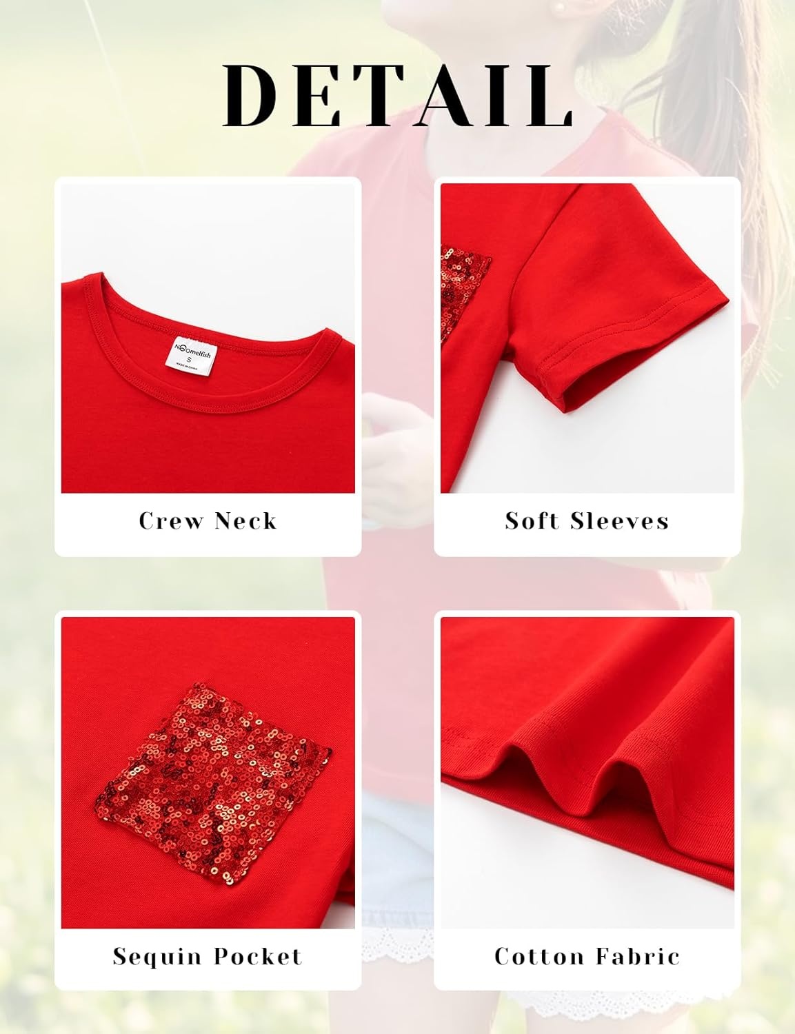 image:imageNoomelfish Girls Short Sleeve Sequin Pocket TShirts Casual Cotton Tee Tops Blouse 412 YearsRed