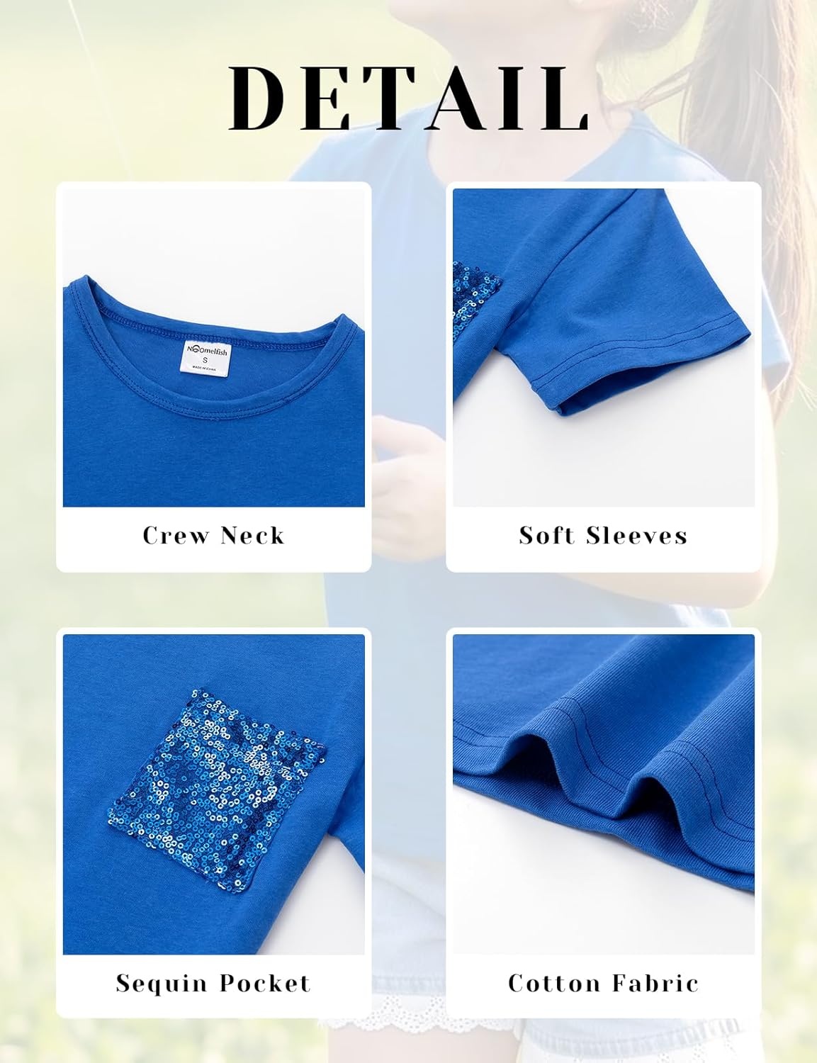image:imageNoomelfish Girls Short Sleeve Sequin Pocket TShirts Casual Cotton Tee Tops Blouse 412 YearsRoyal Blue