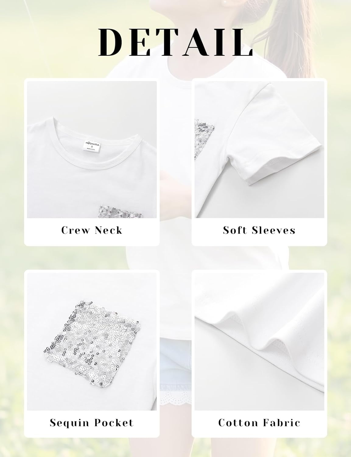 image:imageNoomelfish Girls Short Sleeve Sequin Pocket TShirts Casual Cotton Tee Tops Blouse 412 YearsWhite