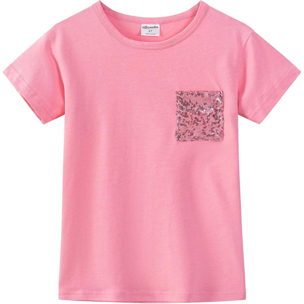 image:imageNoomelfish Girls Short Sleeve Sequin Pocket TShirts Casual Cotton Tee Tops Blouse 412 YearsPink