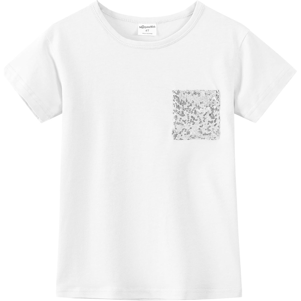 image:imageNoomelfish Girls Short Sleeve Sequin Pocket TShirts Casual Cotton Tee Tops Blouse 412 YearsWhite