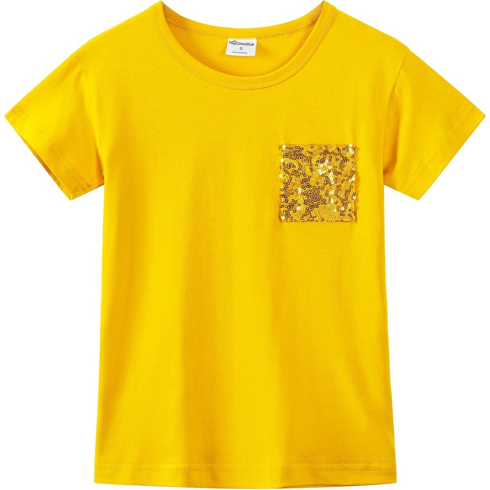 image:imageNoomelfish Girls Short Sleeve Sequin Pocket TShirts Casual Cotton Tee Tops Blouse 412 YearsYellow