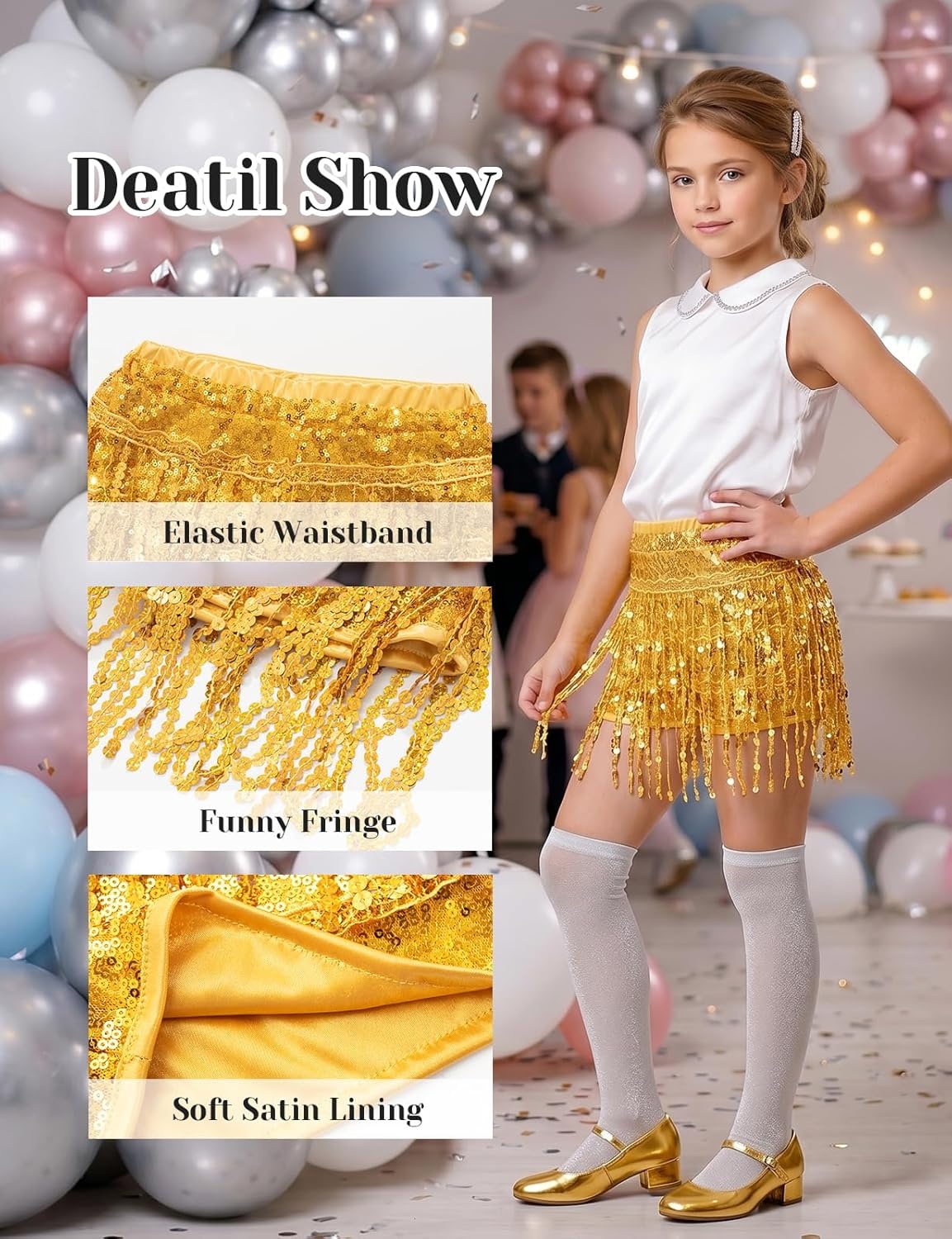 image:imageNoomelfish Girls Fringe Sparkly Sequin Shorts Elastic Waist Tassel Cute Party Dance Outfits 514 YearsGold