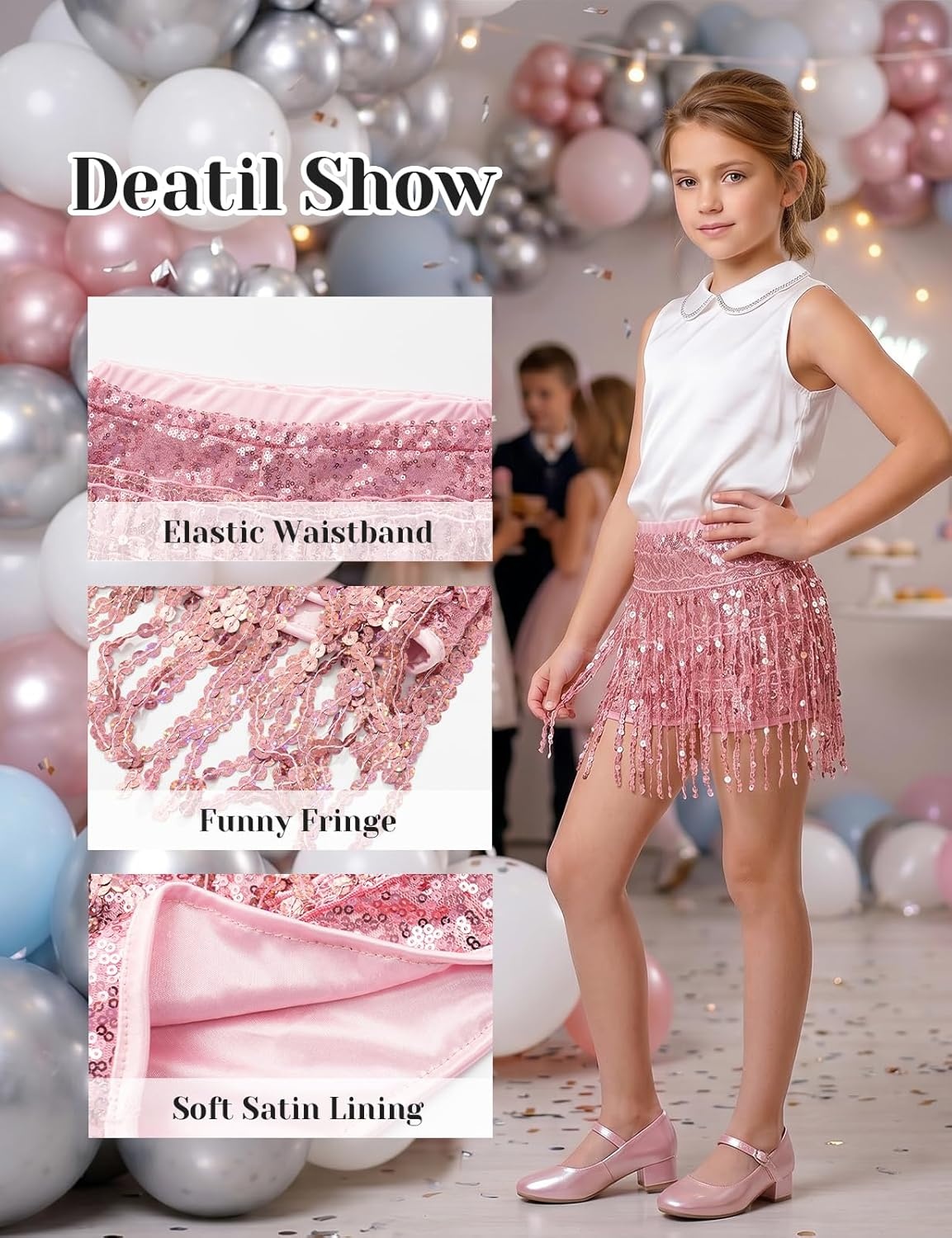image:imageNoomelfish Girls Fringe Sparkly Sequin Shorts Elastic Waist Tassel Cute Party Dance Outfits 514 YearsPink