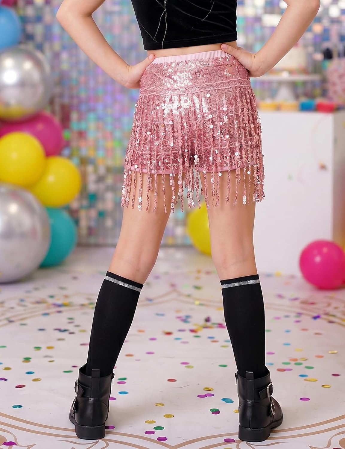 image:imageNoomelfish Girls Fringe Sparkly Sequin Shorts Elastic Waist Tassel Cute Party Dance Outfits 514 YearsPink