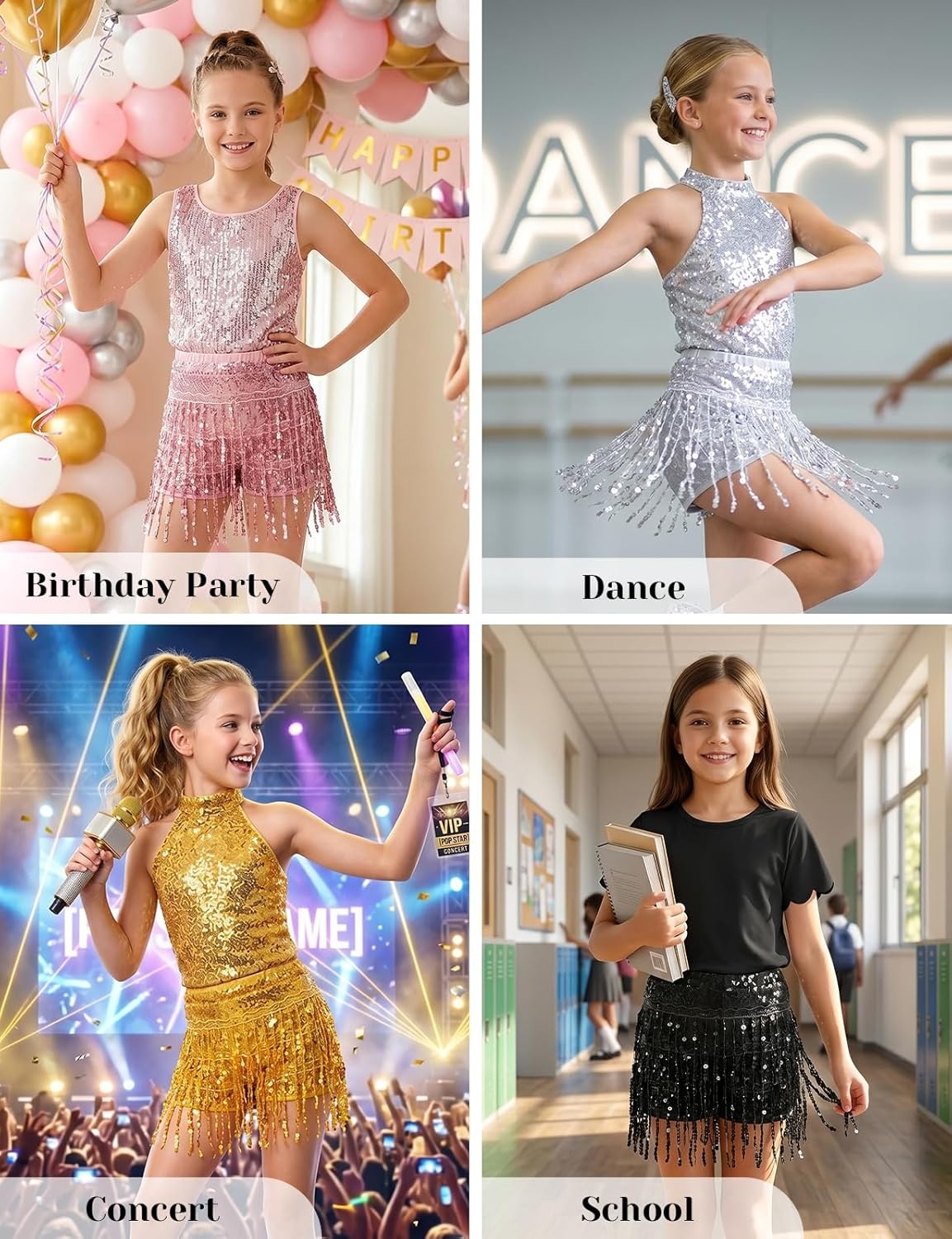 image:imageNoomelfish Girls Fringe Sparkly Sequin Shorts Elastic Waist Tassel Cute Party Dance Outfits 514 YearsPink