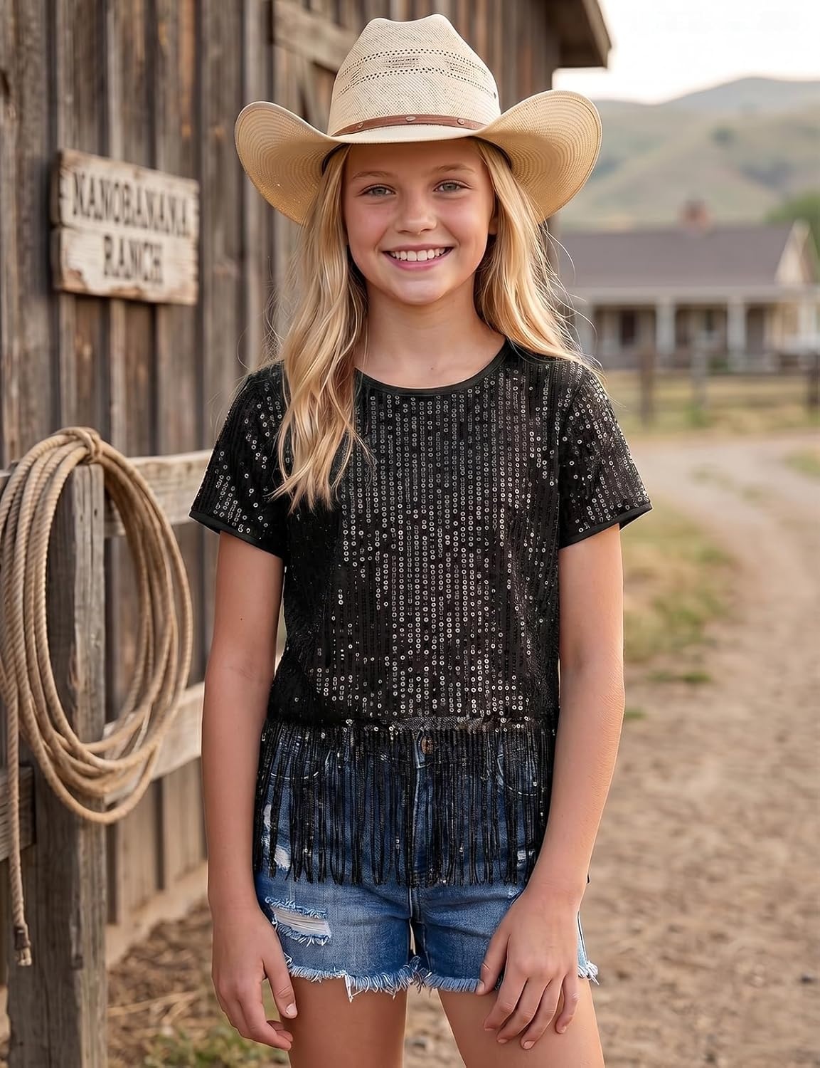 image:imageNoomelfish Girls Sequin Fringe Crop Tops Kids Short Sleeve Tassel Sparkly Glitter Dance Party TShirts 514 YearsBlack