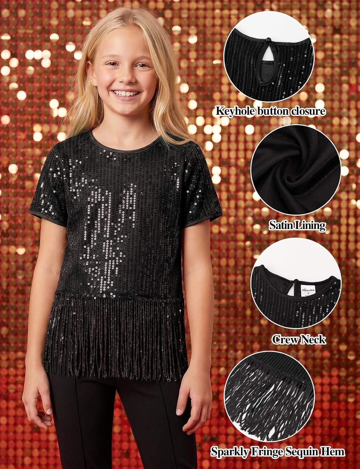 image:imageNoomelfish Girls Sequin Fringe Crop Tops Kids Short Sleeve Tassel Sparkly Glitter Dance Party TShirts 514 YearsBlack