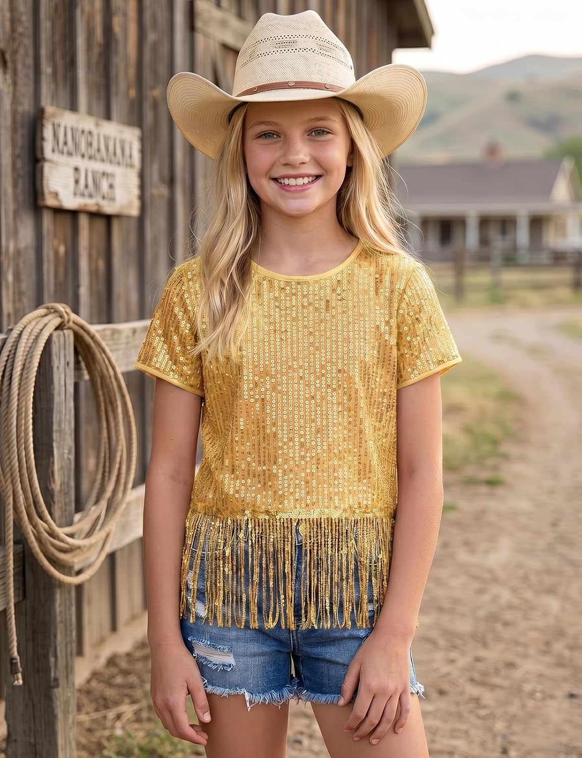 image:imageNoomelfish Girls Sequin Fringe Crop Tops Kids Short Sleeve Tassel Sparkly Glitter Dance Party TShirts 514 YearsGold Yellow