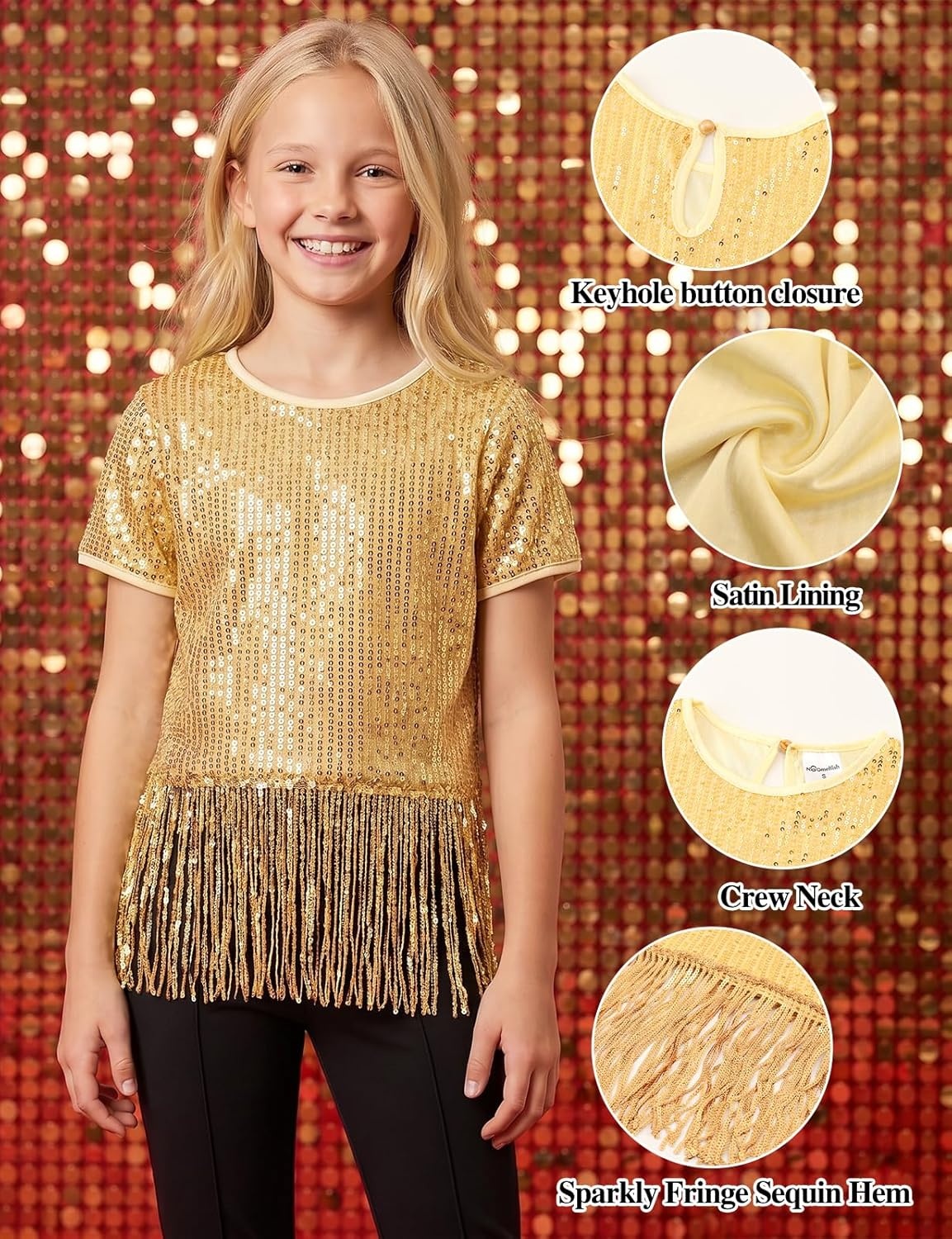 image:imageNoomelfish Girls Sequin Fringe Crop Tops Kids Short Sleeve Tassel Sparkly Glitter Dance Party TShirts 514 YearsGold Yellow