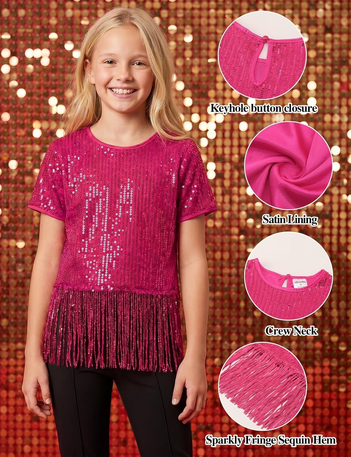 image:imageNoomelfish Girls Sequin Fringe Crop Tops Kids Short Sleeve Tassel Sparkly Glitter Dance Party TShirts 514 YearsHot Pink