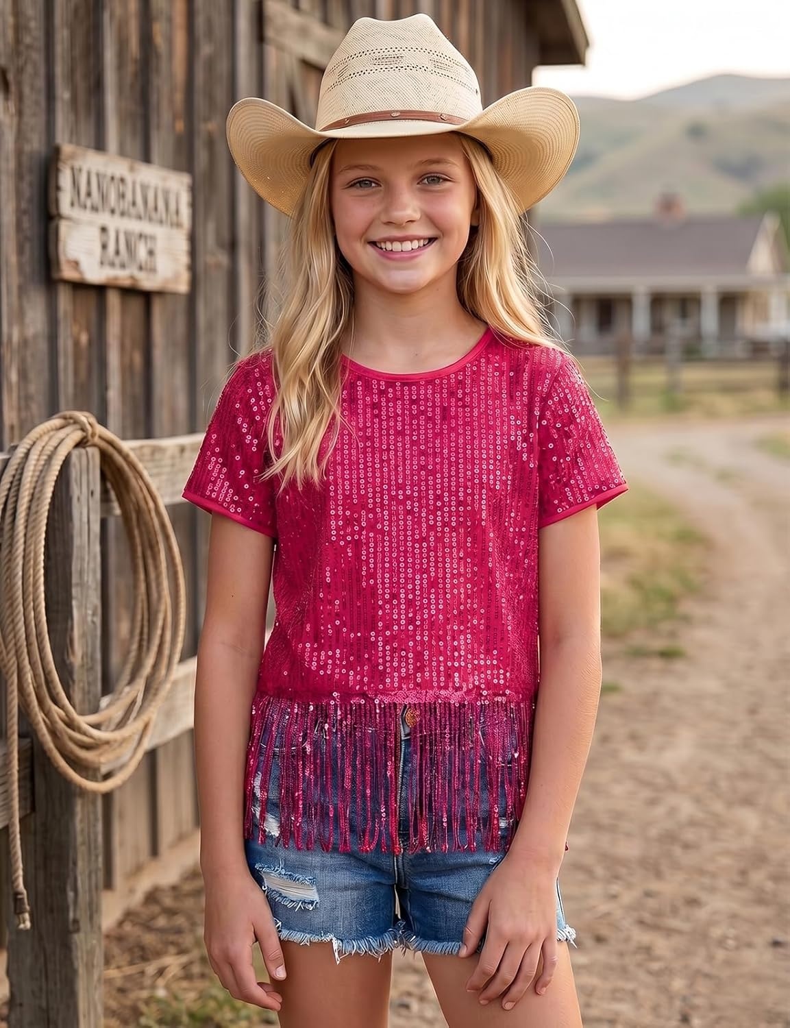 image:imageNoomelfish Girls Sequin Fringe Crop Tops Kids Short Sleeve Tassel Sparkly Glitter Dance Party TShirts 514 YearsHot Pink