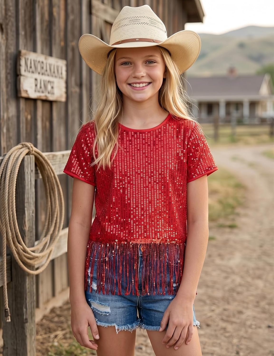 image:imageNoomelfish Girls Sequin Fringe Crop Tops Kids Short Sleeve Tassel Sparkly Glitter Dance Party TShirts 514 YearsRed