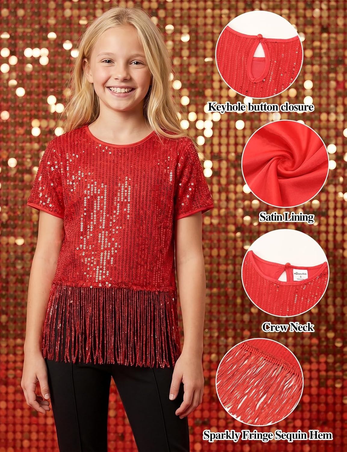 image:imageNoomelfish Girls Sequin Fringe Crop Tops Kids Short Sleeve Tassel Sparkly Glitter Dance Party TShirts 514 YearsRed