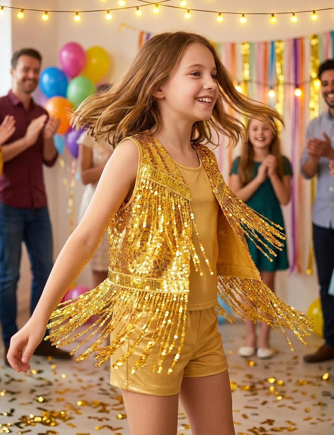 image:imageNoomelfish Girls Sequin Fringe Vest Sleeveless Tassel Sparkly Cowgirl Western Jacket Cardigan 514 YearsGold Yellow