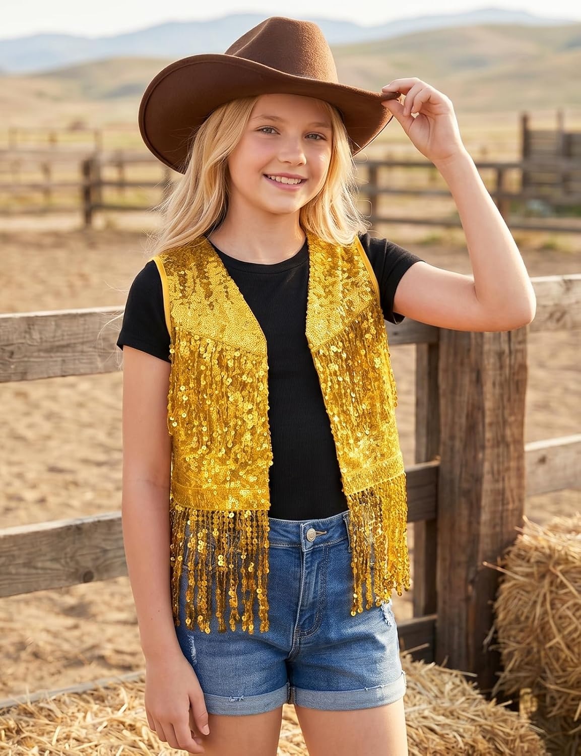 image:imageNoomelfish Girls Sequin Fringe Vest Sleeveless Tassel Sparkly Cowgirl Western Jacket Cardigan 514 YearsGold Yellow