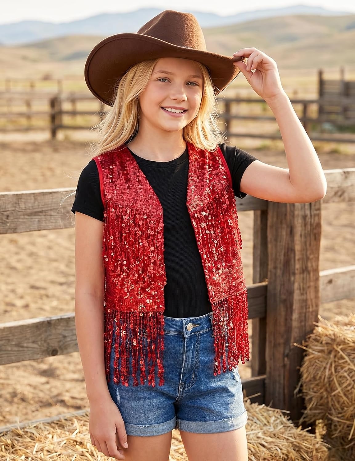 image:imageNoomelfish Girls Sequin Fringe Vest Sleeveless Tassel Sparkly Cowgirl Western Jacket Cardigan 514 YearsRed