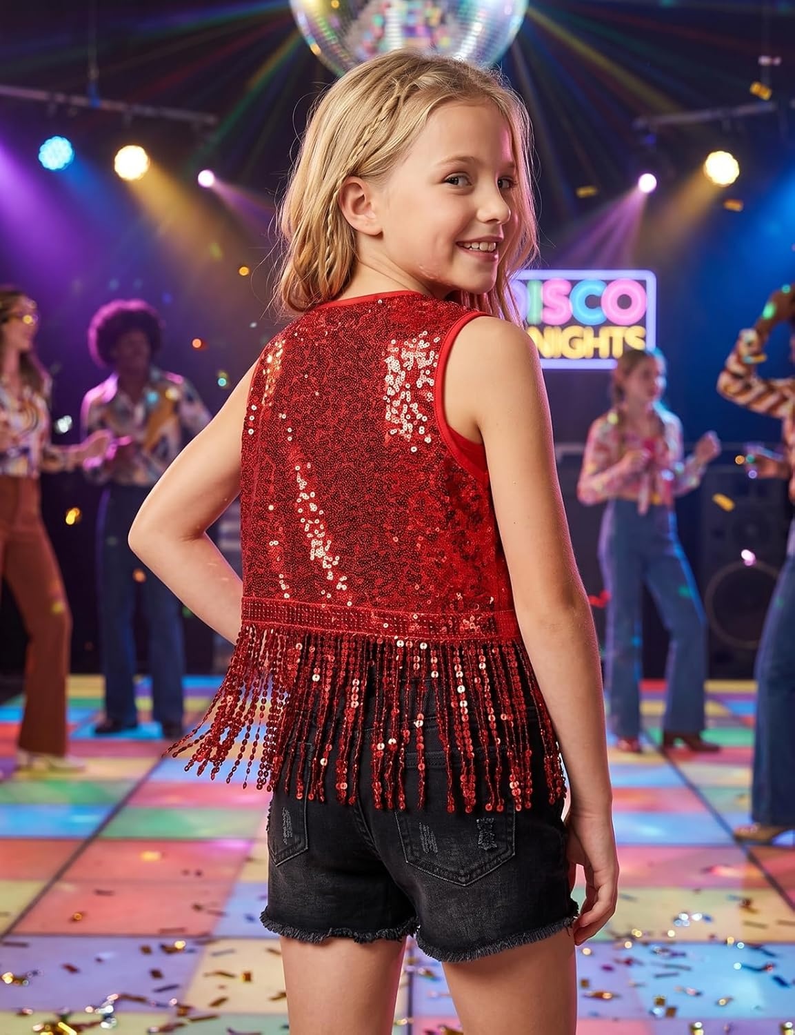 image:imageNoomelfish Girls Sequin Fringe Vest Sleeveless Tassel Sparkly Cowgirl Western Jacket Cardigan 514 YearsRed