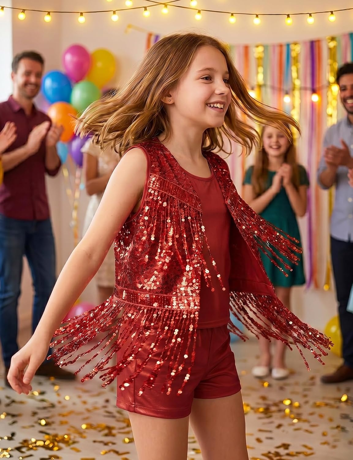 image:imageNoomelfish Girls Sequin Fringe Vest Sleeveless Tassel Sparkly Cowgirl Western Jacket Cardigan 514 YearsRed