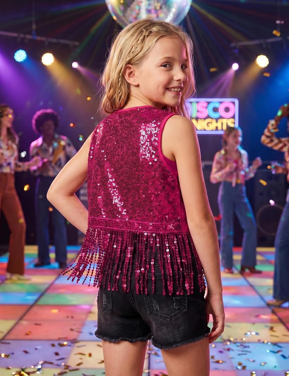 image:imageNoomelfish Girls Sequin Fringe Vest Sleeveless Tassel Sparkly Cowgirl Western Jacket Cardigan 514 YearsRose Pink