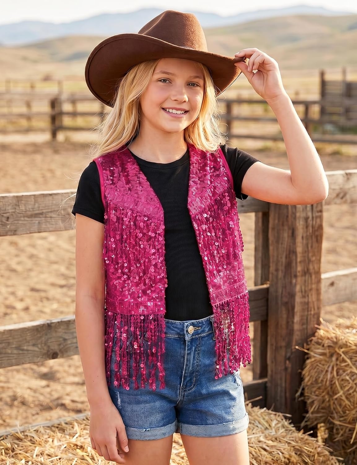 image:imageNoomelfish Girls Sequin Fringe Vest Sleeveless Tassel Sparkly Cowgirl Western Jacket Cardigan 514 YearsRose Pink