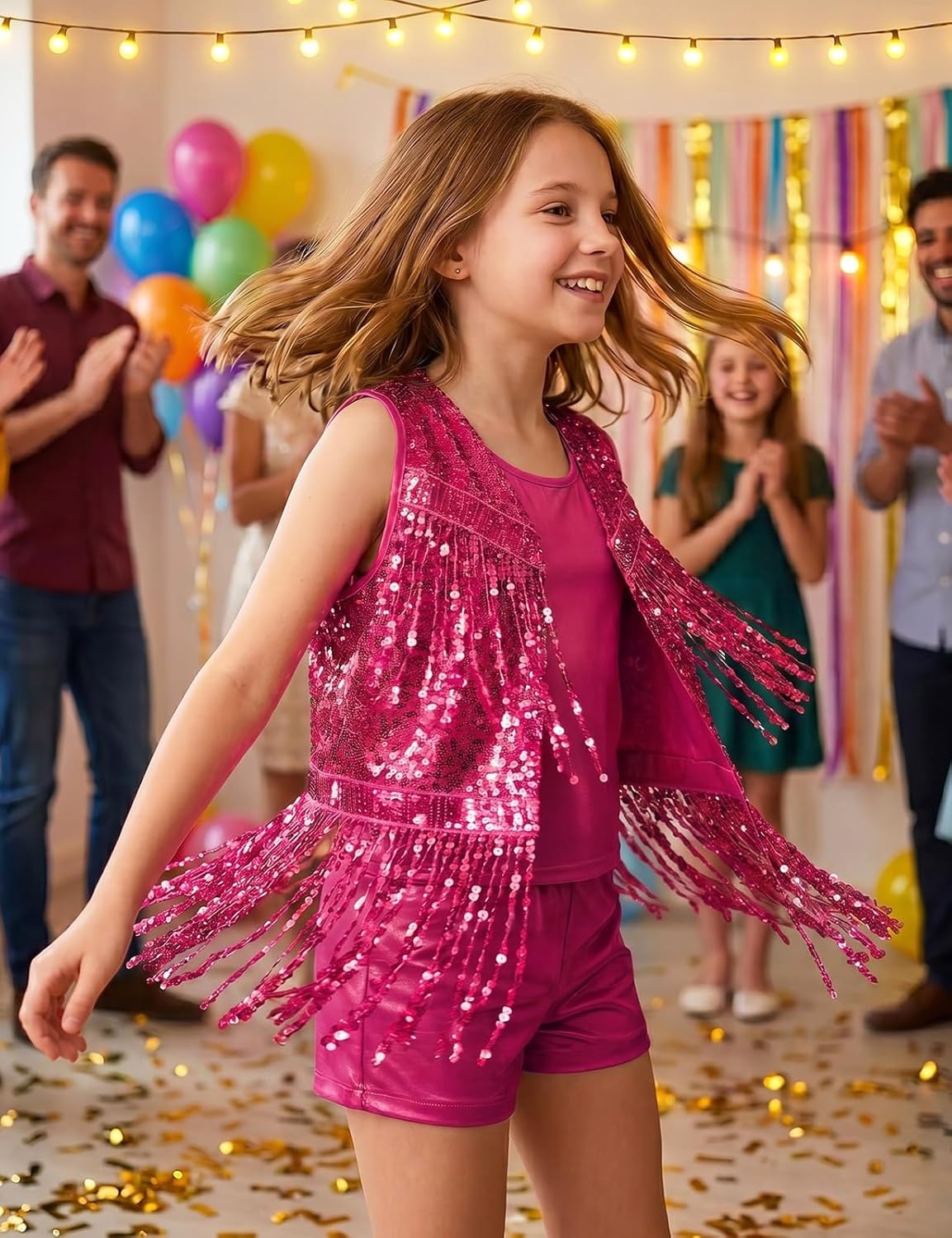 image:imageNoomelfish Girls Sequin Fringe Vest Sleeveless Tassel Sparkly Cowgirl Western Jacket Cardigan 514 YearsRose Pink