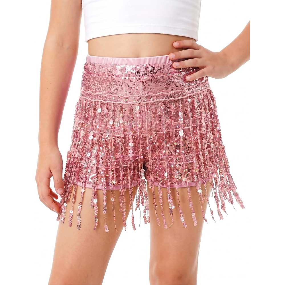image:imageNoomelfish Girls Fringe Sparkly Sequin Shorts Elastic Waist Tassel Cute Party Dance Outfits 514 YearsPink
