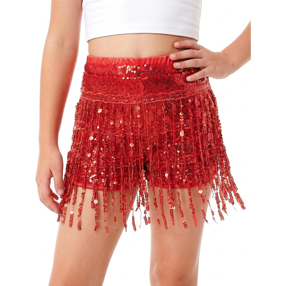 image:imageNoomelfish Girls Fringe Sparkly Sequin Shorts Elastic Waist Tassel Cute Party Dance Outfits 514 YearsRed