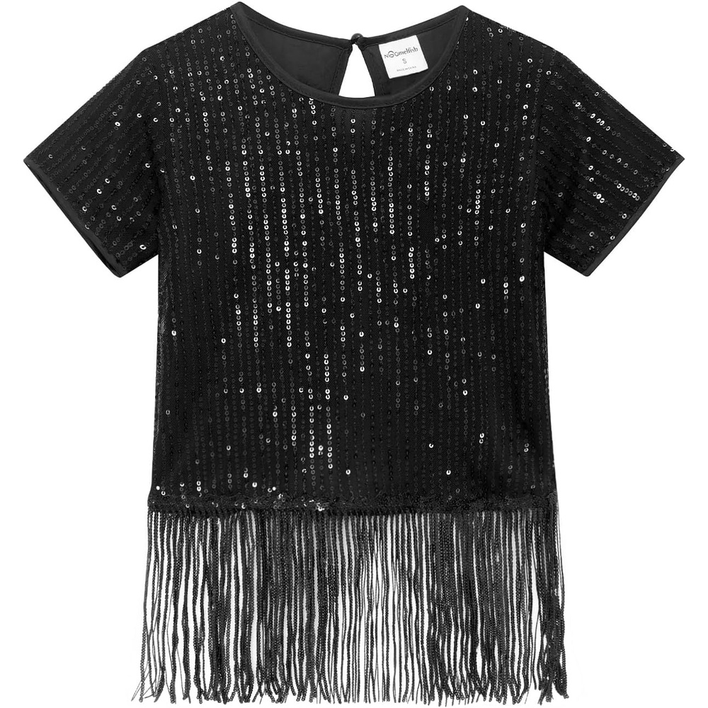 image:imageNoomelfish Girls Sequin Fringe Crop Tops Kids Short Sleeve Tassel Sparkly Glitter Dance Party TShirts 514 YearsBlack