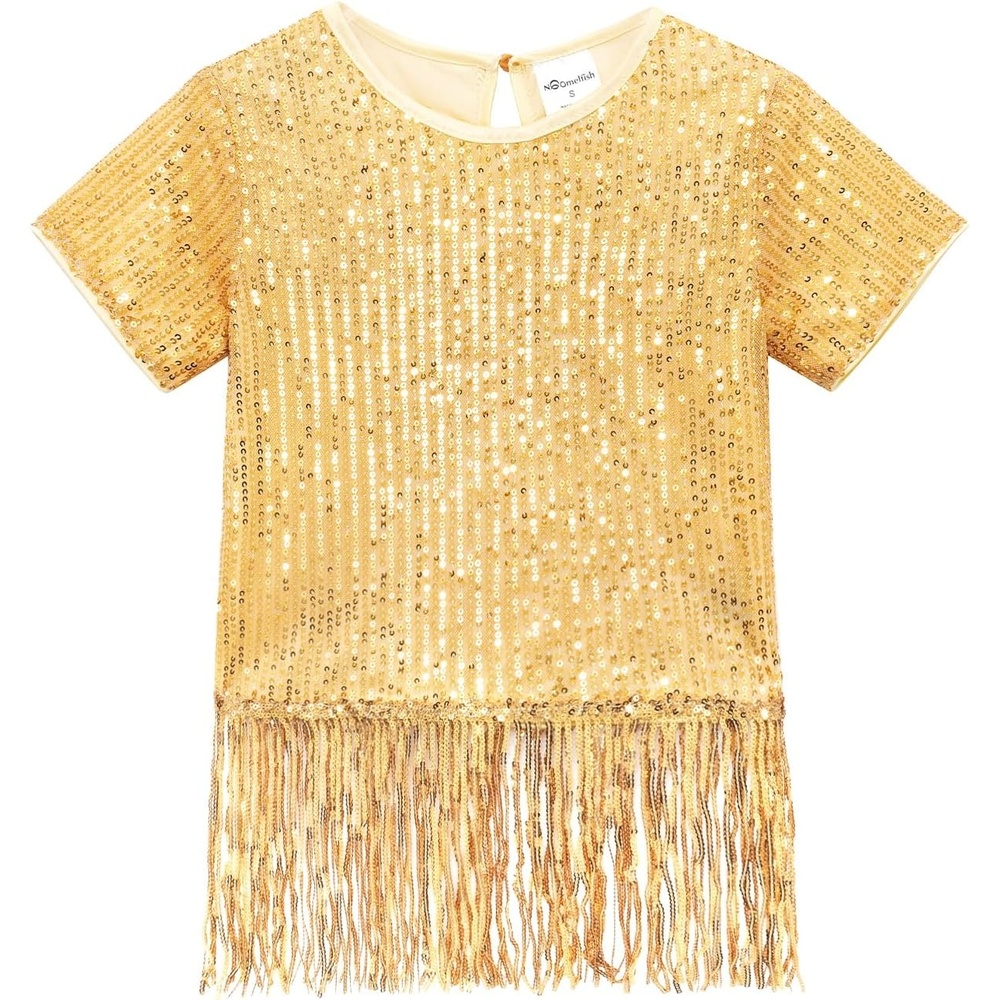 image:imageNoomelfish Girls Sequin Fringe Crop Tops Kids Short Sleeve Tassel Sparkly Glitter Dance Party TShirts 514 YearsGold Yellow