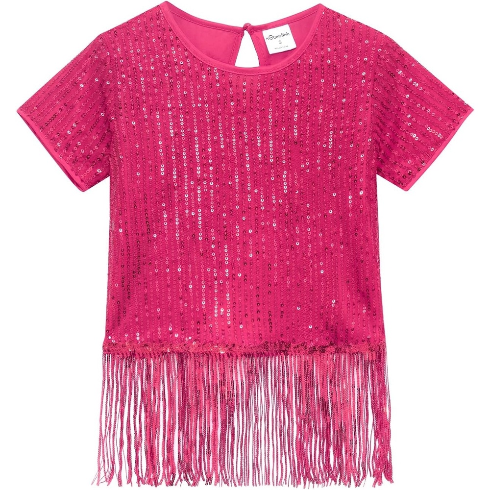 image:imageNoomelfish Girls Sequin Fringe Crop Tops Kids Short Sleeve Tassel Sparkly Glitter Dance Party TShirts 514 YearsHot Pink