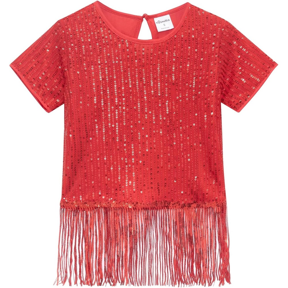image:imageNoomelfish Girls Sequin Fringe Crop Tops Kids Short Sleeve Tassel Sparkly Glitter Dance Party TShirts 514 YearsRed