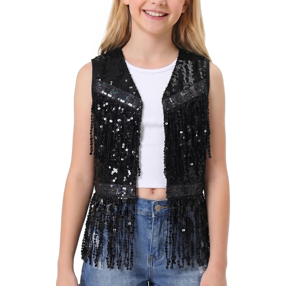 image:imageNoomelfish Girls Sequin Fringe Vest Sleeveless Tassel Sparkly Cowgirl Western Jacket Cardigan 514 YearsBlack