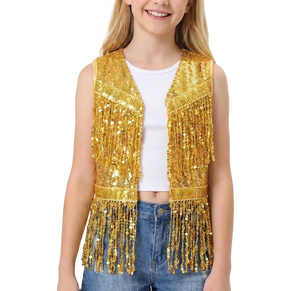 image:imageNoomelfish Girls Sequin Fringe Vest Sleeveless Tassel Sparkly Cowgirl Western Jacket Cardigan 514 YearsGold Yellow