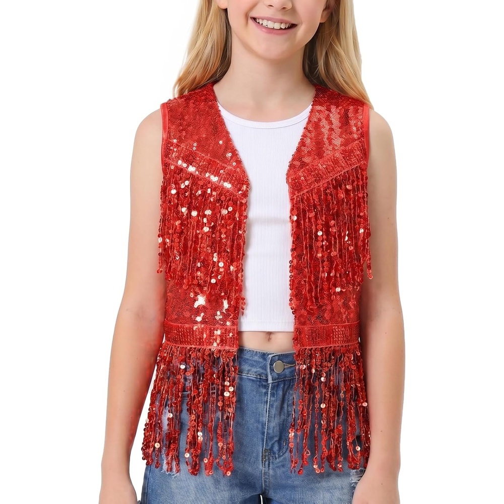 image:imageNoomelfish Girls Sequin Fringe Vest Sleeveless Tassel Sparkly Cowgirl Western Jacket Cardigan 514 YearsRed