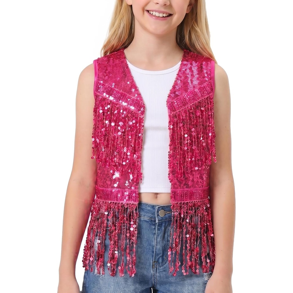 image:imageNoomelfish Girls Sequin Fringe Vest Sleeveless Tassel Sparkly Cowgirl Western Jacket Cardigan 514 YearsRose Pink
